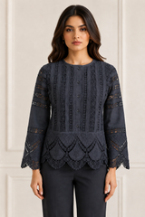 Women Black Embroidered Lace Panel Top