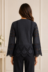 Women Black Embroidered Lace Panel Top