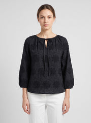 Women Black 3D Floral Embroidered Front tie-up Top