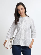 Women White Floral Embroidered Ruffle Neck Shirt