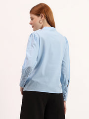 Blue Embroidered Panel Elegant Mandarin Collar Button-Down Shirt