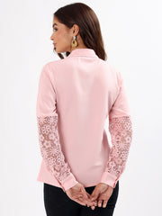 Pink Schiffli Lace Yoke Embroidered Cotton Silk Shirt