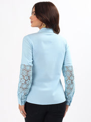 Baby Blue Lace Yoke Embroidered Cotton Silk Shirt