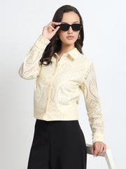 Women Cream Schiffli Embroidery Full Sleeve Shirt