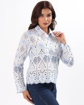 White & Blue Schiffli Embroidered Cotton Top
