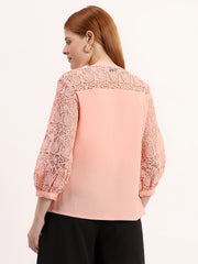 Peach Lace Yoke Embroidered Elegant Button-Down Shirt