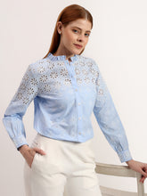 Sky Blue Embroidered Frill Neck Button-Down Elegant Full Sleeve Shirt