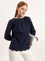 Navy Blue Eyelet Embroidered 100% Cotton Top