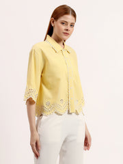Light Yellow Embroidered Scalloped Hem Button-Down Linen Shirt