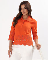 Tangy Orange Schiffli Embroidered Cotton Top