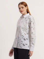 White Floral Lace 3D Embroidered Elegant Button-Down Full Sleeve Shirt