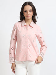 Women Pink Schiffli Embroidery Full Sleeve Shirt
