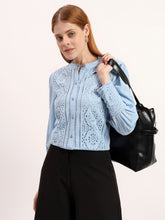 Blue Embroidered Panel Elegant Mandarin Collar Button-Down Shirt
