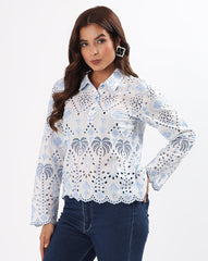 White & Blue Schiffli Embroidered Cotton Top