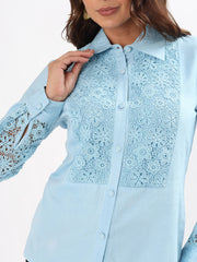 Baby Blue Lace Yoke Embroidered Cotton Silk Shirt