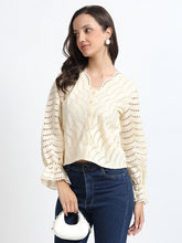 Women Cream Schiffli Embroidery V-Neck Shirt