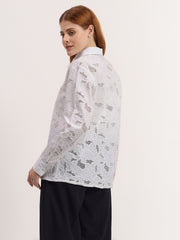 White Floral Lace 3D Embroidered Elegant Button-Down Full Sleeve Shirt