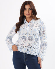 White & Blue Schiffli Embroidered Cotton Top