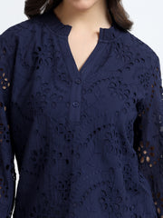 Women Navy Blue Schiffli Embroidery Notch Neck Top