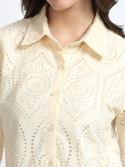 Women Cream Schiffli Embroidery Full Sleeve Shirt