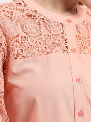 Peach Lace Yoke Embroidered Elegant Button-Down Shirt