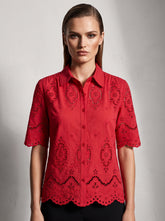 Women's Red Schifley Embroidered Cotton Half Sleeve Shirt