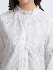 Women White Floral Embroidered Ruffle Neck Shirt