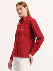 Red Floral 3D Embroidery Elegant Button-Down Full Sleeve Shirt
