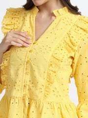 Women Yellow Schiffli Embroidery Peplum Top