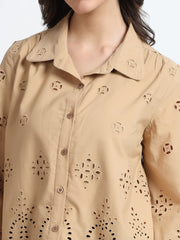 Women Beige Schiffli Embroidery Full Sleeve Shirt