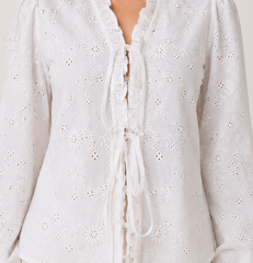 White Embroidered Tie-Up Crop Top with Ruffle Neck