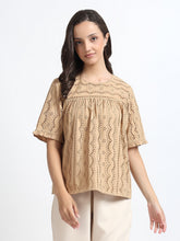 Women Beige Schiffli Embroidery Short Sleeve Top