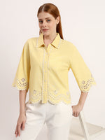 Light Yellow Embroidered Scalloped Hem Button-Down Linen Shirt