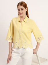 Light Yellow Embroidered Scalloped Hem Button-Down Linen Shirt