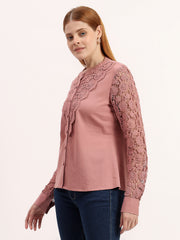 Dusty Pink Lace Yoke Elegant Button-Down Embroidered Full Sleeve Shirt