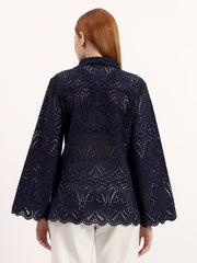 Navy Blue Elegant Eyelet Embroidered Full Bell Sleeve Scalloped Shirt
