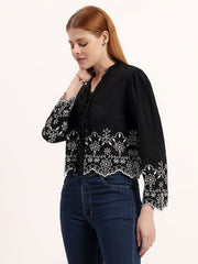 Black Embroidered Tie-Up Stylish Ruffle Neck Bell Sleeve Crop Top