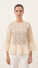Women Beige Schiffli Embroidered Peplum Top with Flared Sleeves