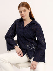 Navy Blue Elegant Eyelet Embroidered Full Bell Sleeve Scalloped Shirt