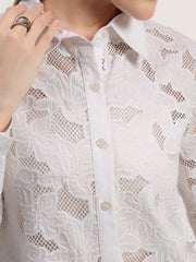 White Floral Lace 3D Embroidered Elegant Button-Down Full Sleeve Shirt