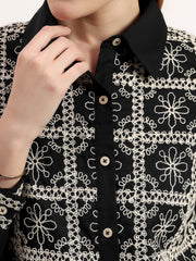 Black Embroidered Elegant Contrast Dori Work Button-Down Shirt