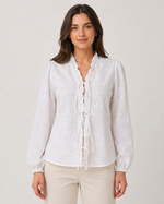 White Embroidered Tie-Up Crop Top with Ruffle Neck