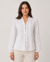 White Embroidered Tie-Up Crop Top with Ruffle Neck