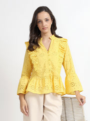Women Yellow Schiffli Embroidery Peplum Top