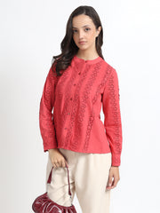 Women Coral Embroidered Lace Detail Full Sleeve Shirt