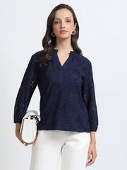 Women Navy Blue Schiffli Embroidery Notch Neck Top