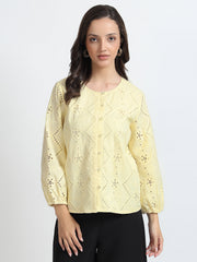 Women Light Yellow Schiffli Embroidery Balloon Sleeve Shirt