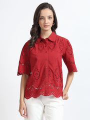 Women Red Schiffli Embroidery Short Sleeve Shirt