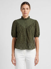 Women Peach/Olive Green Floral Schiffli Embroidered Regular Fit Top