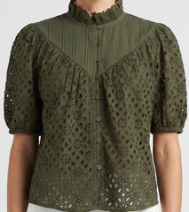 Women Peach/Olive Green Floral Schiffli Embroidered Regular Fit Top